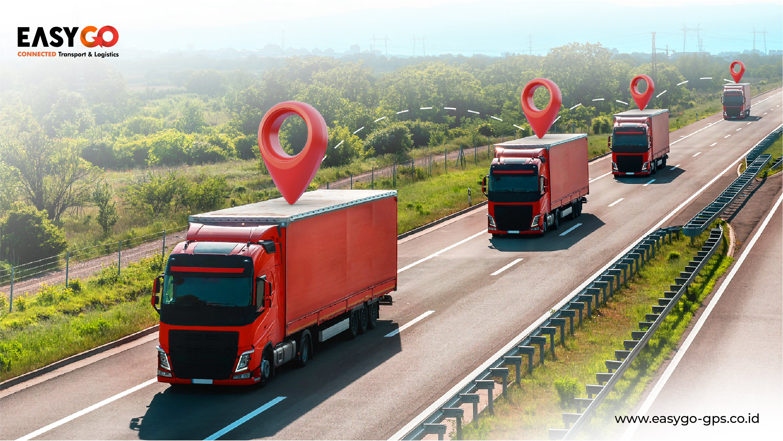 Truk dengan icon GPS diatas kontainernya yang saling terhubung.